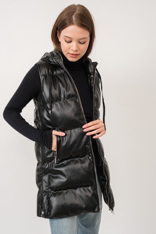 Longline Faux Leather Puffer Vest sold by A Velvet Window