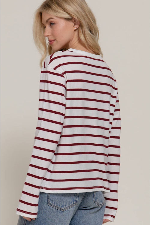 Burgundy Stripe Long Sleeve Top sold by A Velvet Window