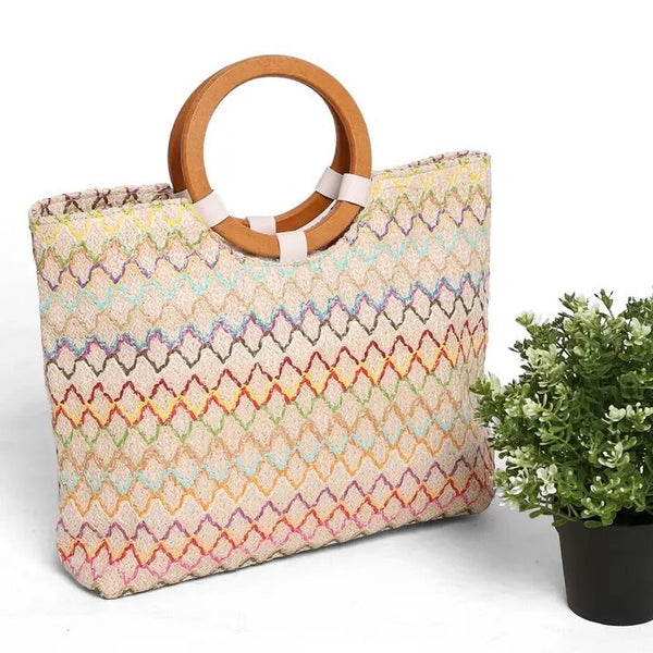 Wooden Handle Straw Tote