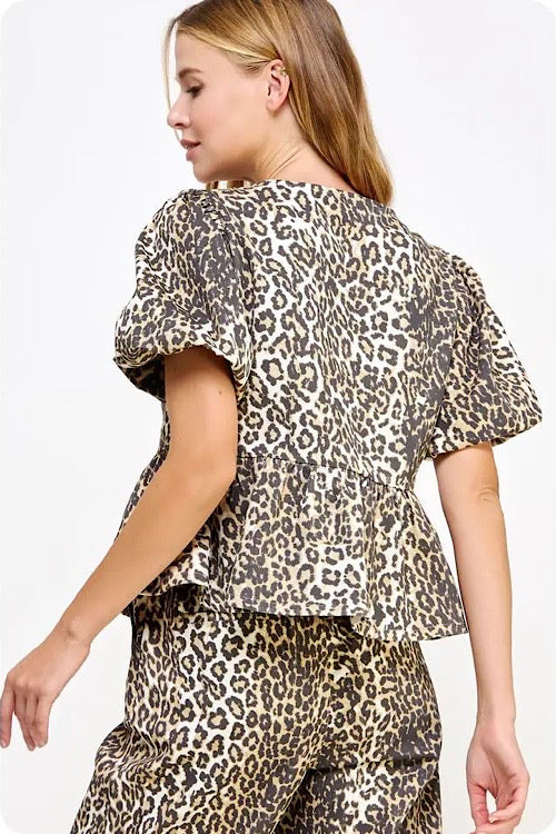 Twill Leopard Puff Sleeve Top sold by A Velvet Window