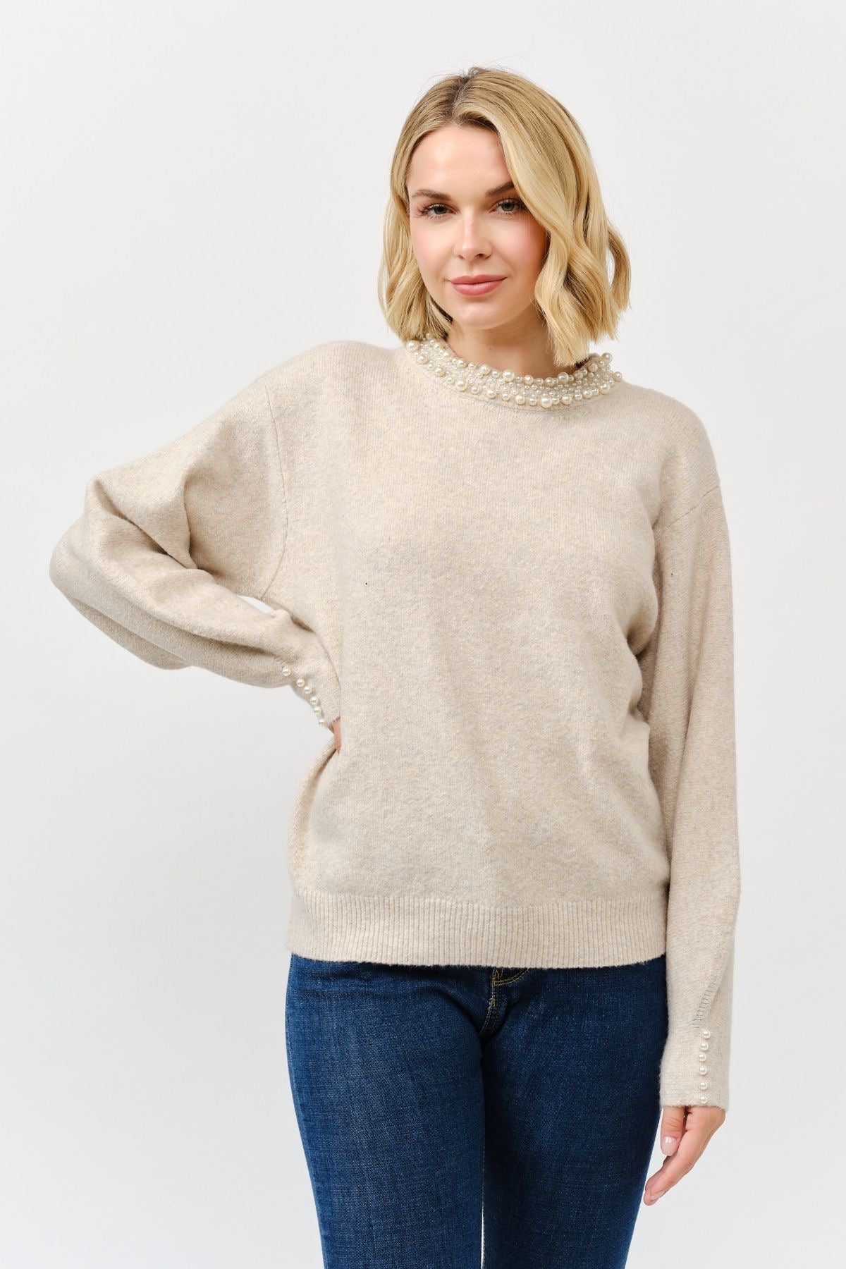 Pearl Detail Crew Neck Sweater sold by A Velvet Window