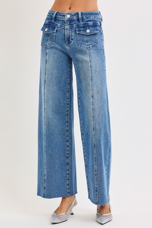 Risen Cropped Wide Leg Flap Front Pocket Jeans sold by A Velvet Window
