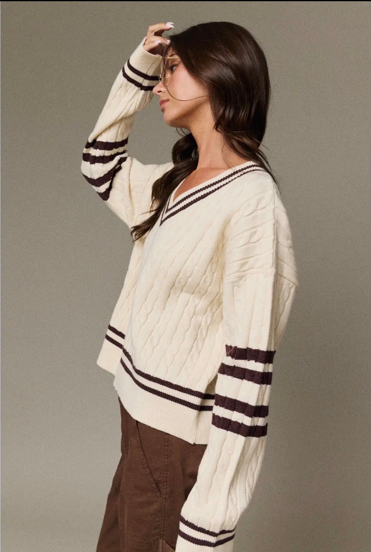 Cable Knit V-Neck Varsity Sweater