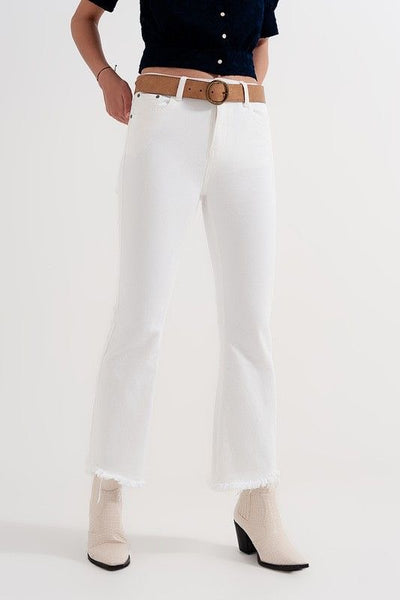 White Cropped Flare Raw Hem Jeans