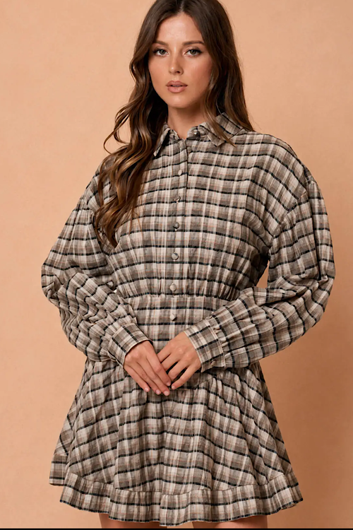Plaid Collared Long Sleeve Basque Waist Mini Dress - Black