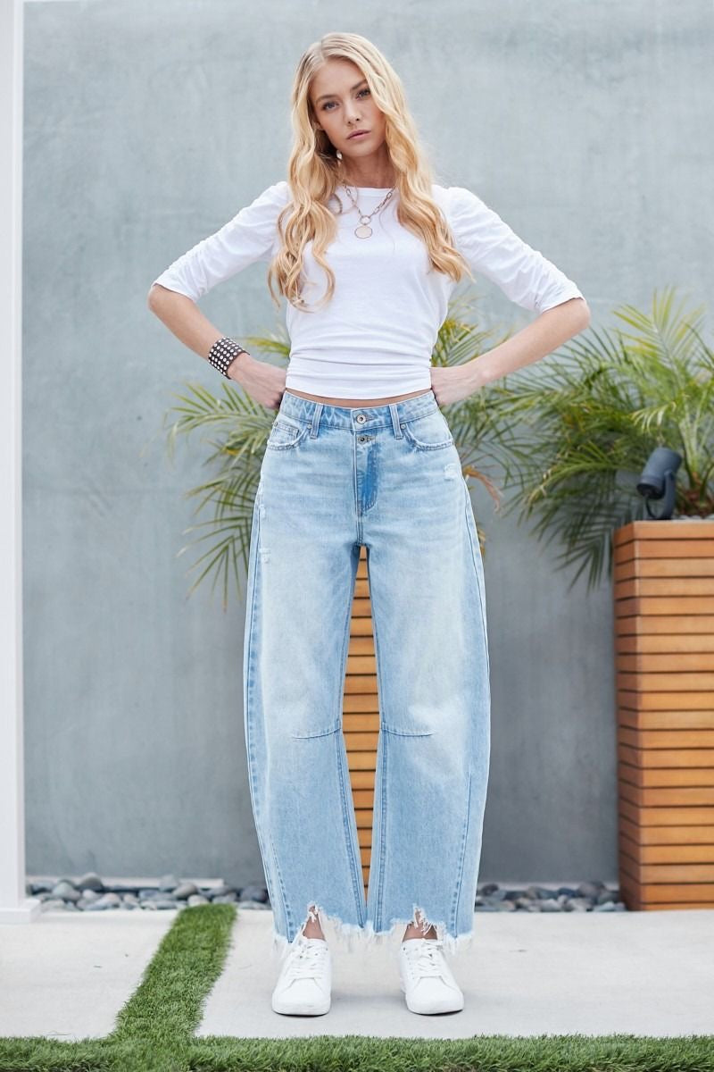 High Rise Distressed Barrel Jeans sold by A Velvet Window