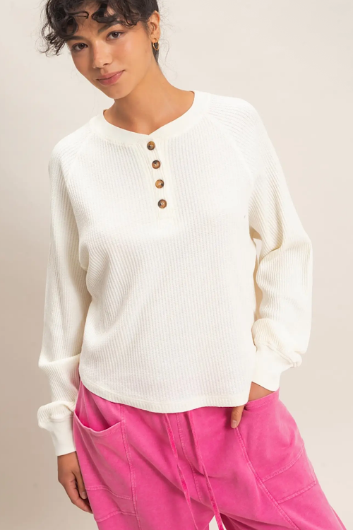 Mineral Wash Waffle Knit Henley Top sold by A Velvet Window