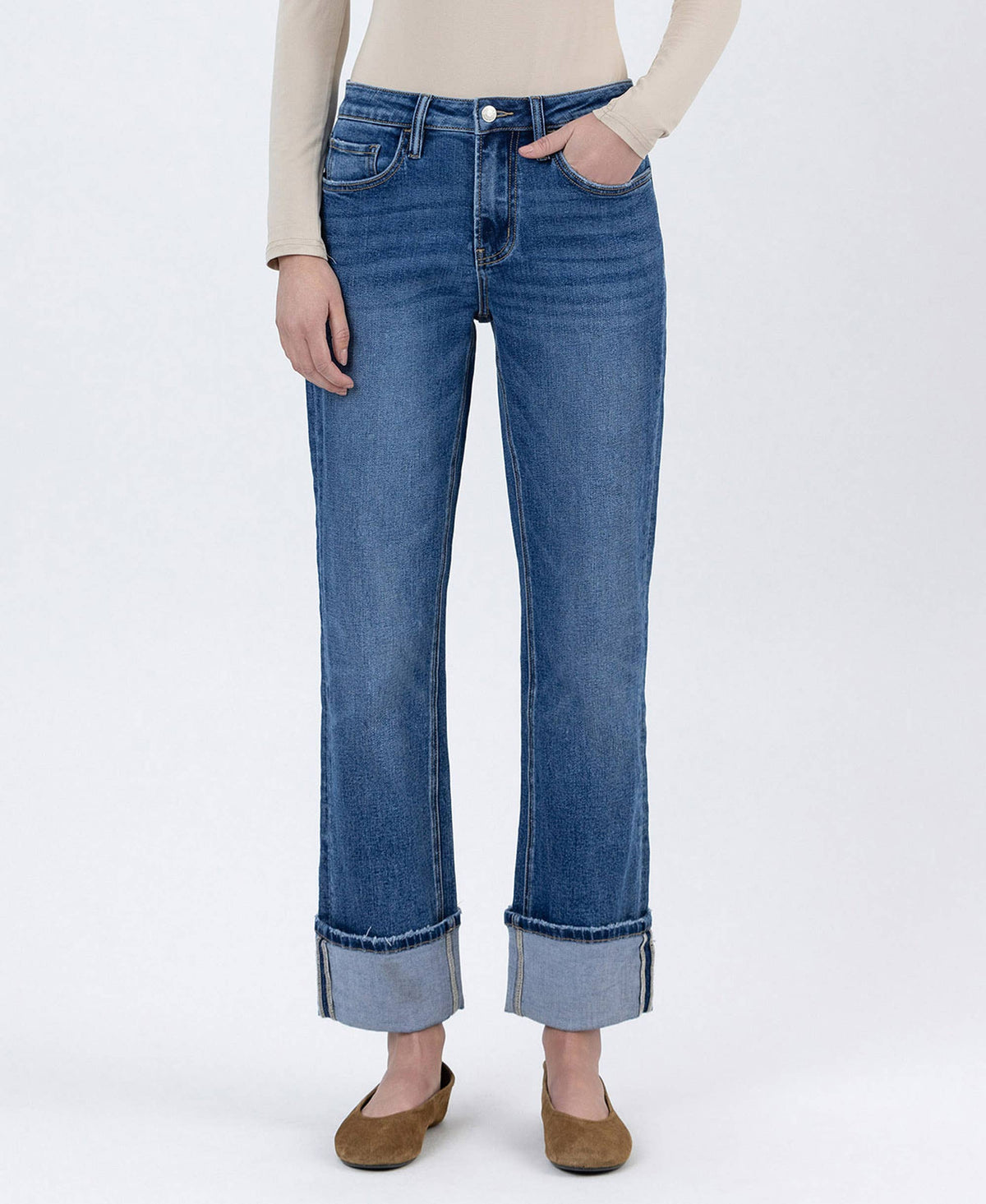 High Rise Cuffed Ankle Straight Jeans sold by A Velvet Window