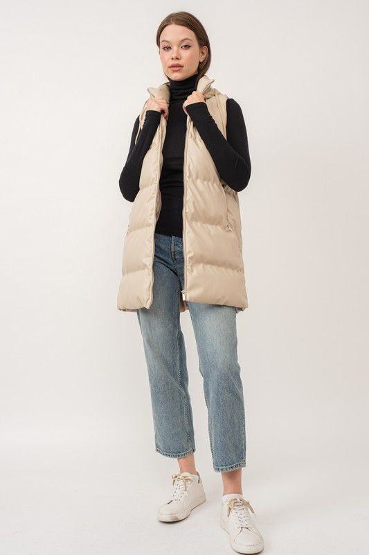 Longline Faux Leather Puffer Vest sold by A Velvet Window