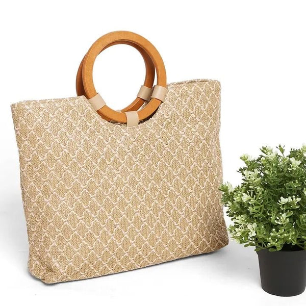 Wooden Handle Straw Tote