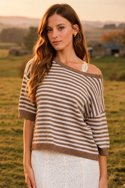 Stripe Contrast Trim Short Sleeve Knit Sweater sold by A Velvet Window