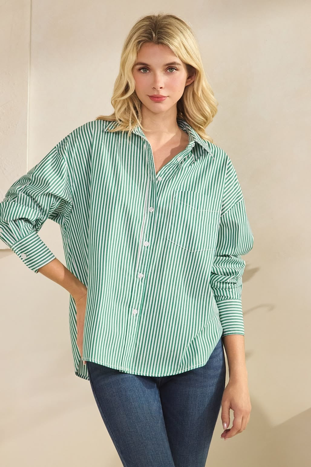 Green Stripe Collared Shirt sold by A Velvet Window