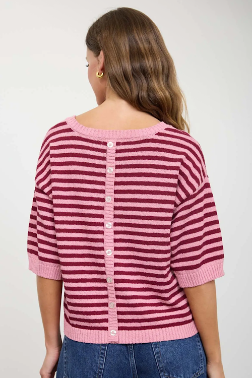 Stripe Contrast Trim Short Sleeve Knit Sweater - Burgundy
