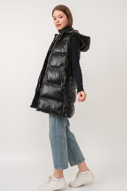 Longline Faux Leather Puffer Vest sold by A Velvet Window