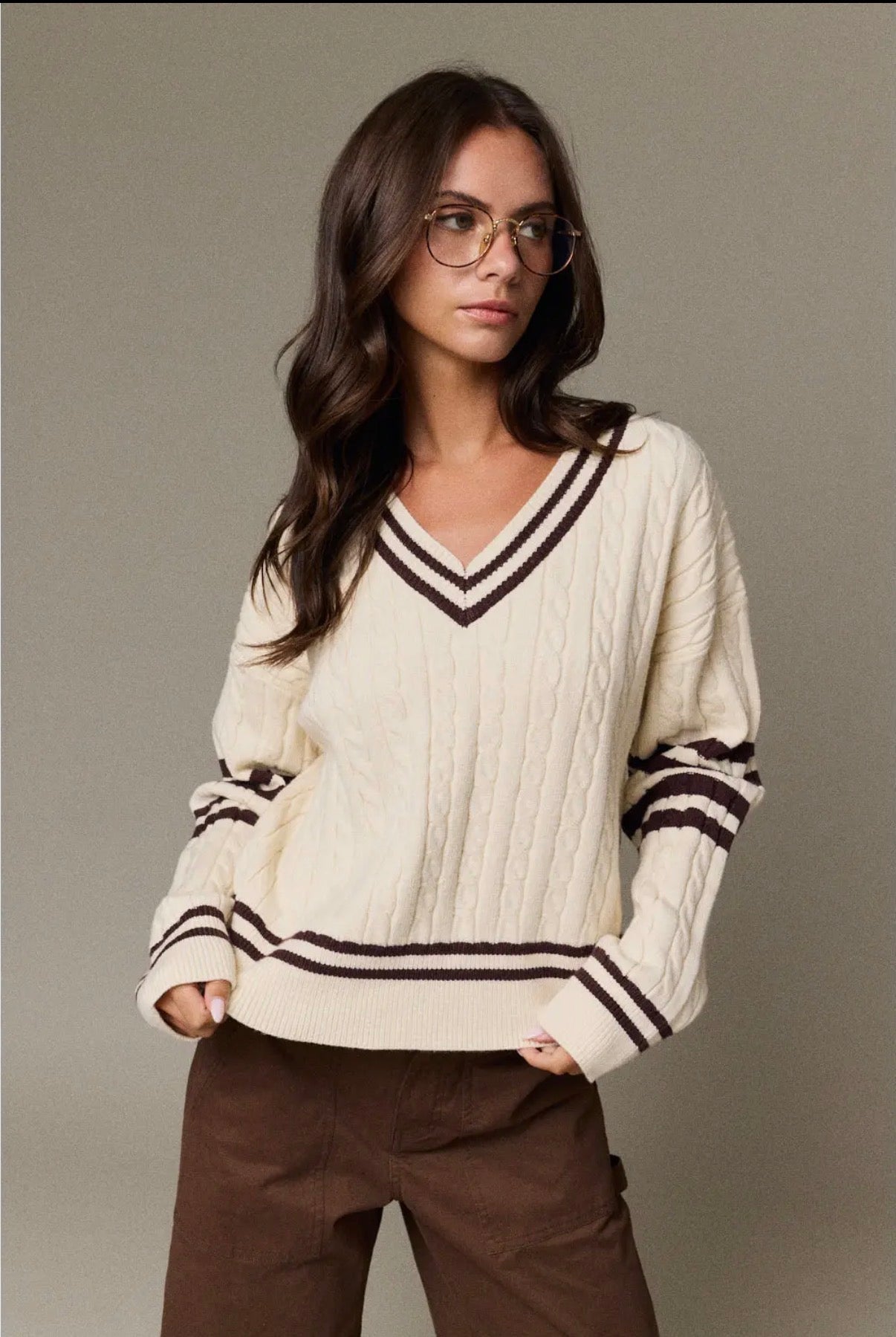 Cable Knit V-Neck Varsity Sweater