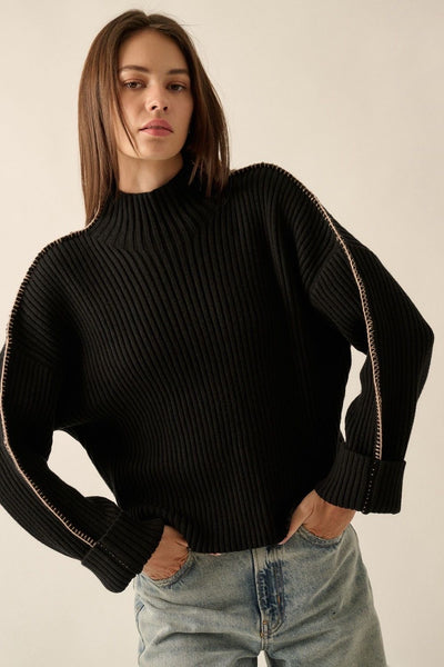 Contrasting Stitch Black Sweater