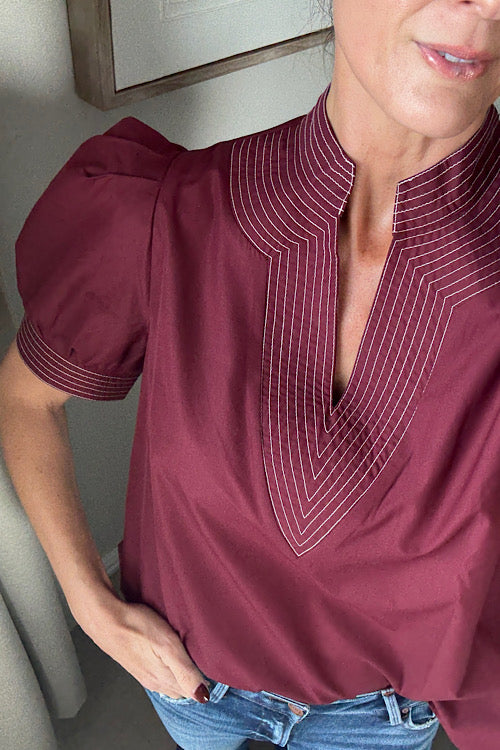 Burgundy V Stitch Bubble Sleeve Top