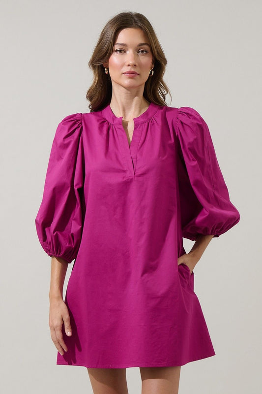 Magenta Bubble Sleeve Shift Dress