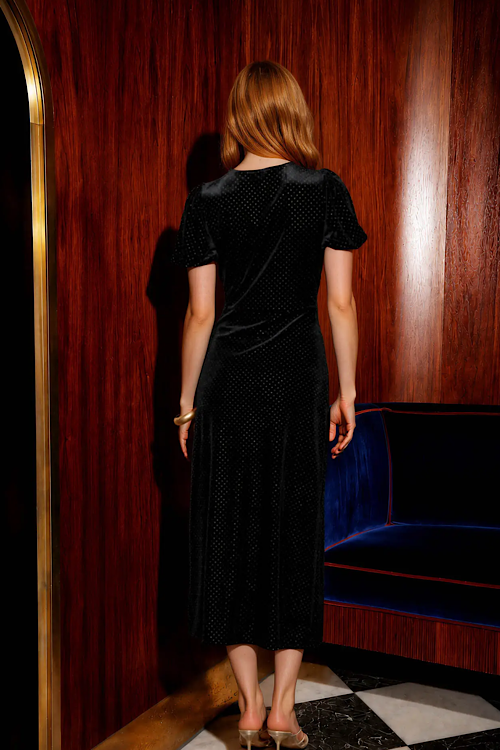 Polka Dot Velvet Lace Trim Puff Sleeve Midi Dress - Black