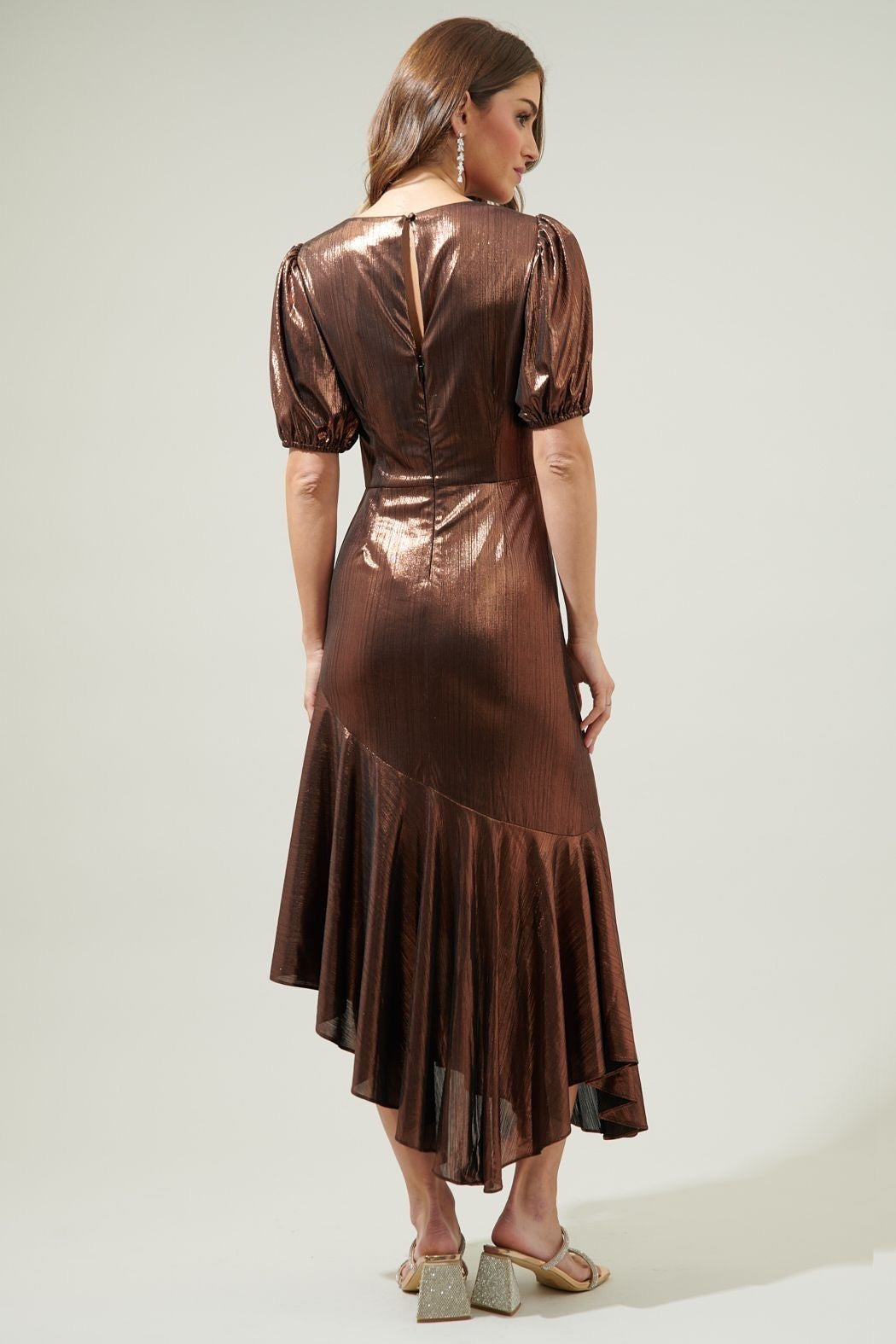 Copper Metallic Asymmetric Maxi Dress sold by A Velvet Window