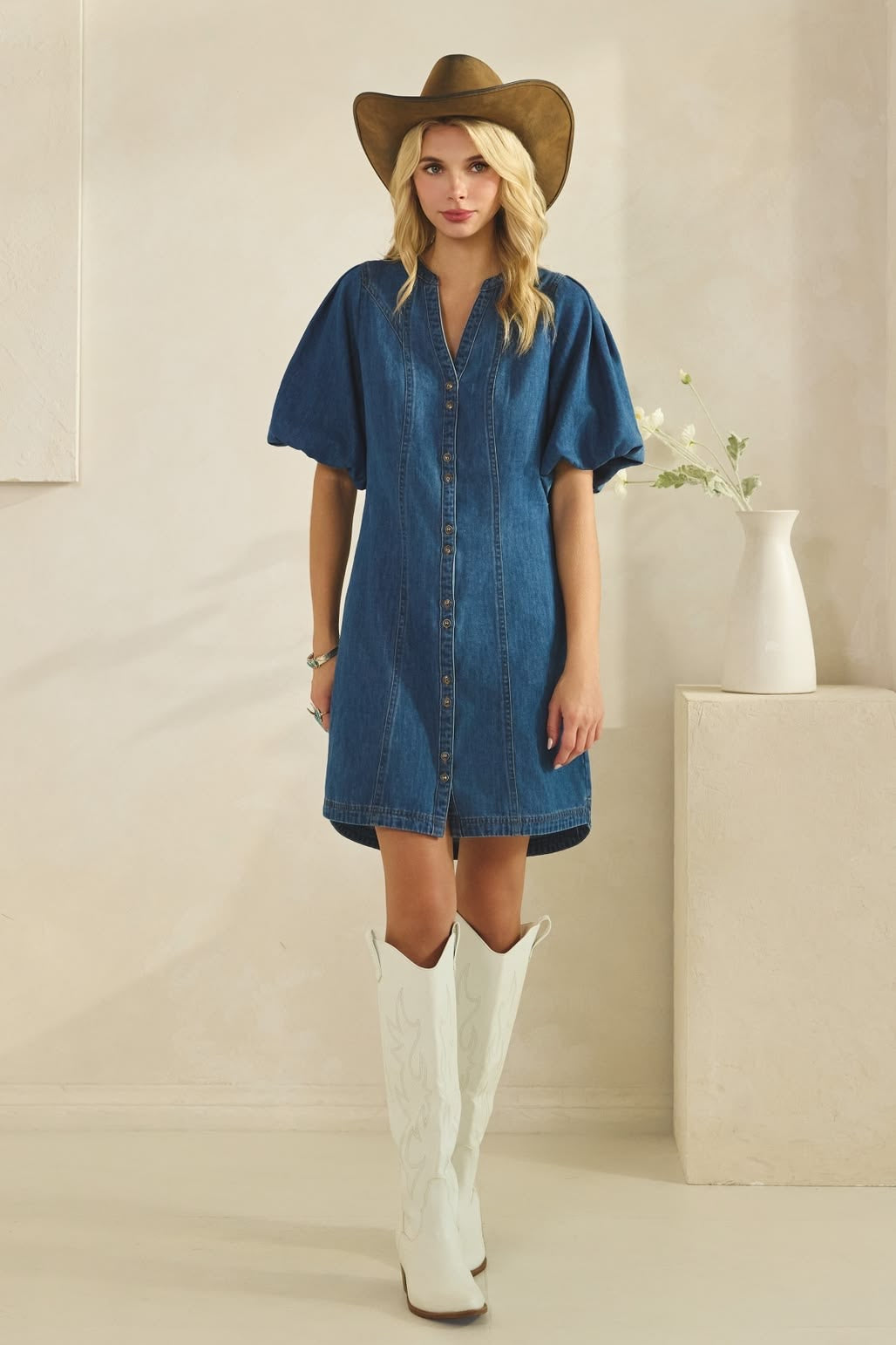 Puff Sleeve Denim Dress sold by A Velvet Window