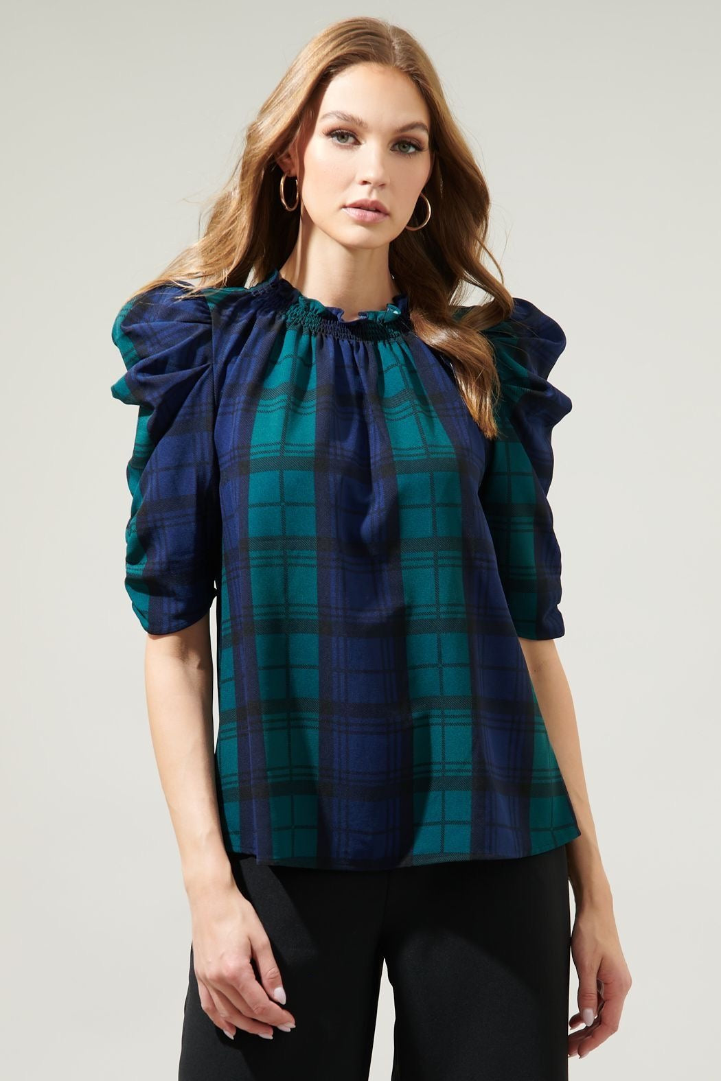 Hudson Plaid Ruched Sleeve Top sold by A Velvet Window