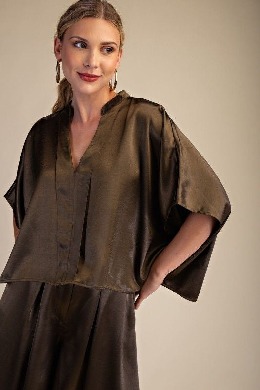 Olive Satin Oversized Short Sleeve sold by A Velvet Window