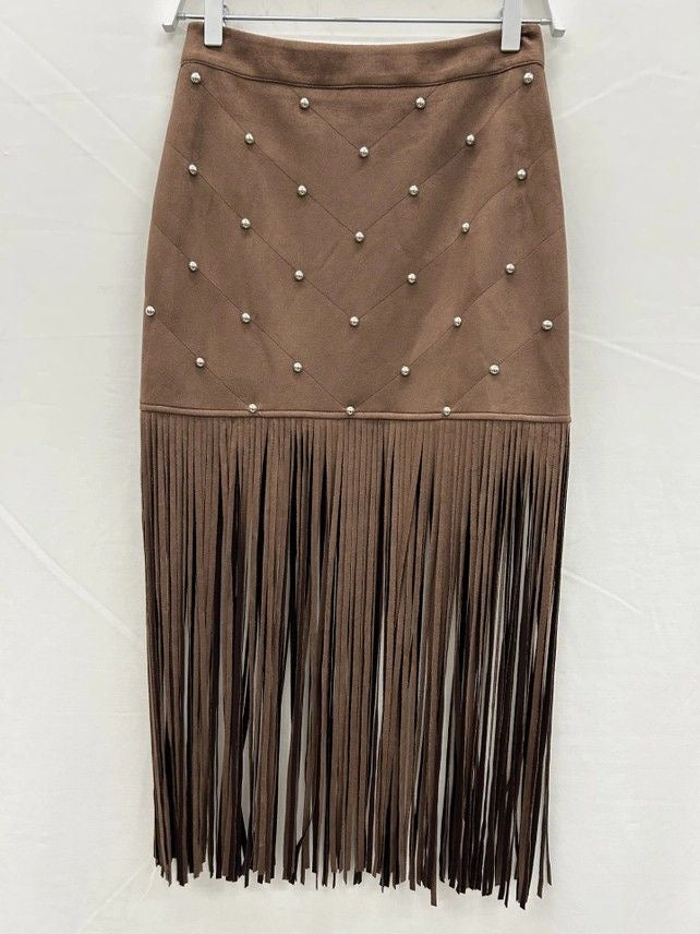 Fringe Detail Studded Suede Skirt sold by A Velvet Window