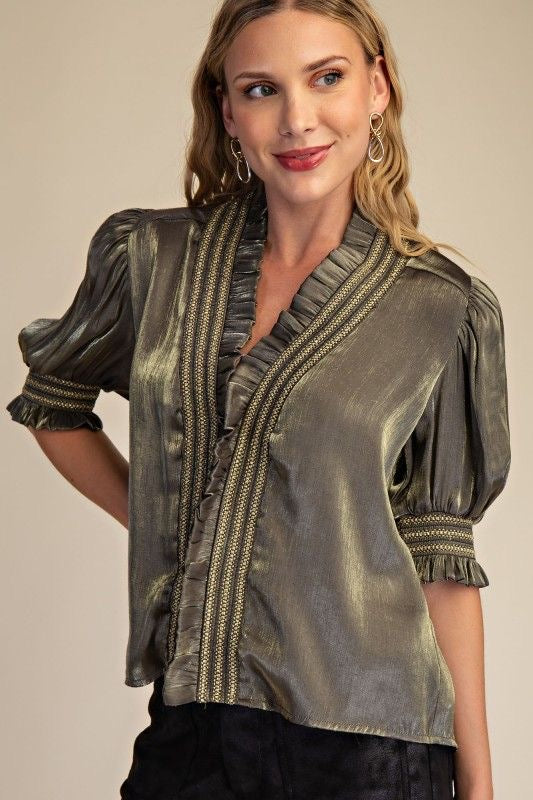 Metallic Sheen Ruffle Blouse sold by A Velvet Window