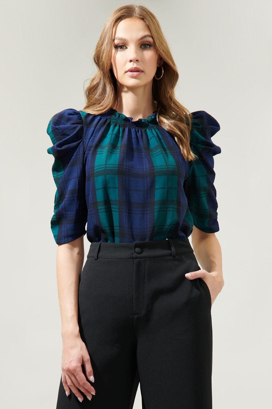 Hudson Plaid Ruched Sleeve Top sold by A Velvet Window