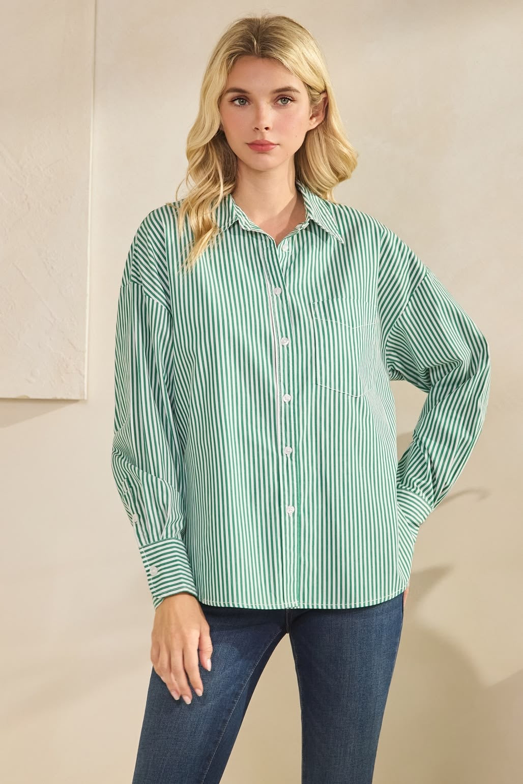 Green Stripe Collared Shirt sold by A Velvet Window