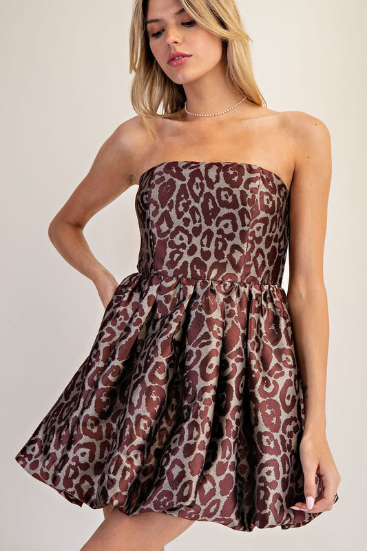 Leopard Strapless Bubble Hem Dress