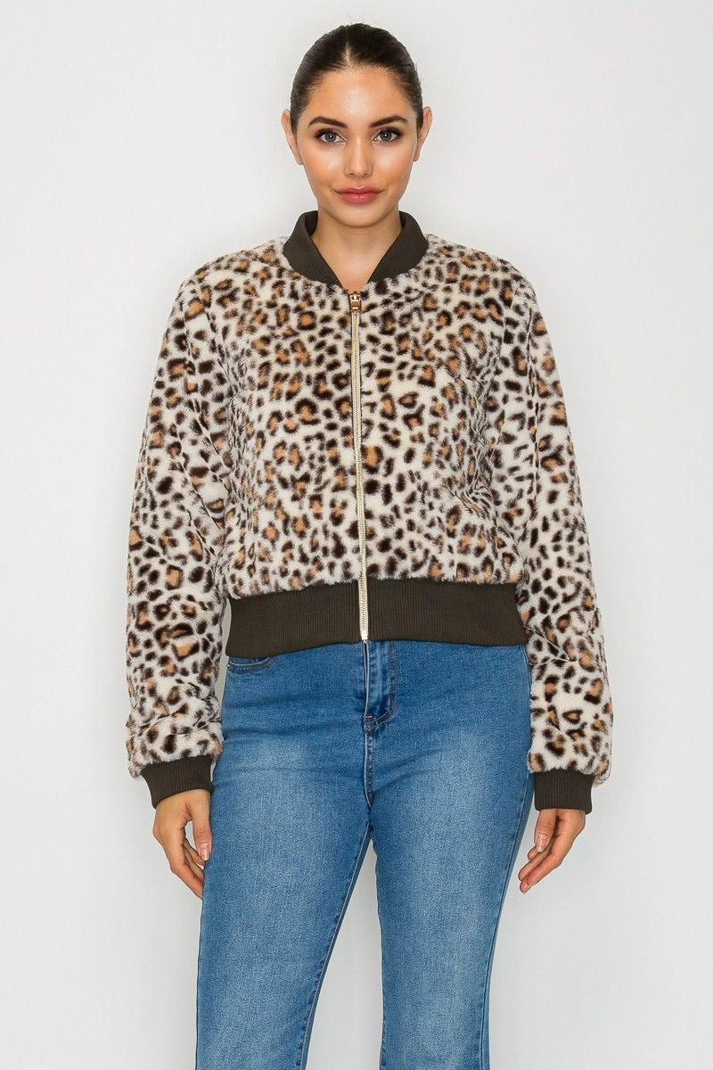 Fuzzy Leopard Bomber Jacket sold by A Velvet Window