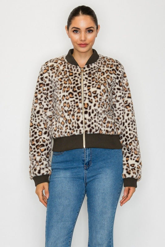 Fuzzy Leopard Bomber Jacket sold by A Velvet Window
