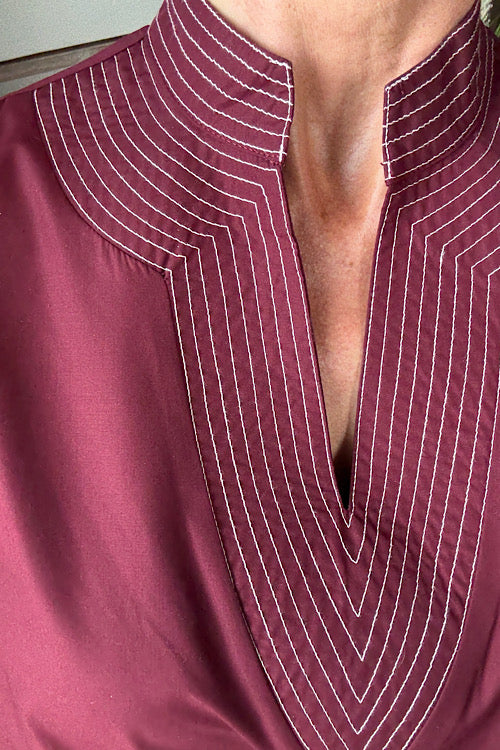 Burgundy V Stitch Bubble Sleeve Top