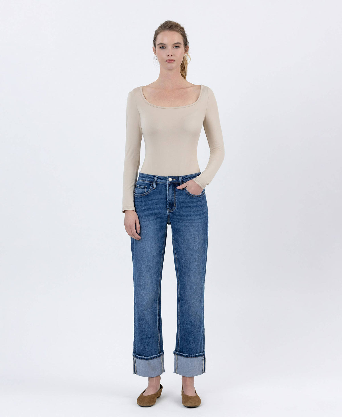 High Rise Cuffed Ankle Straight Jeans sold by A Velvet Window