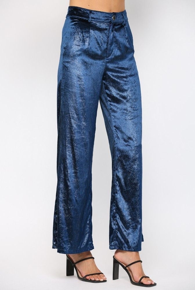 Teal Blue Lurex Velvet Pants sold by A Velvet Window | A Velvet Window