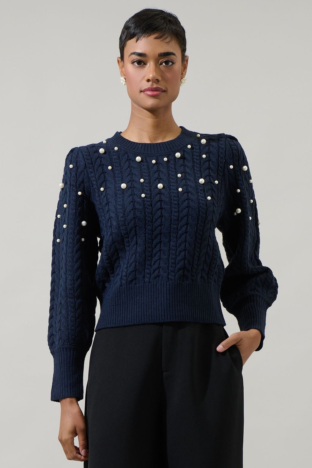 Navy Pearl Round Neck Sweater sold by A Velvet Window