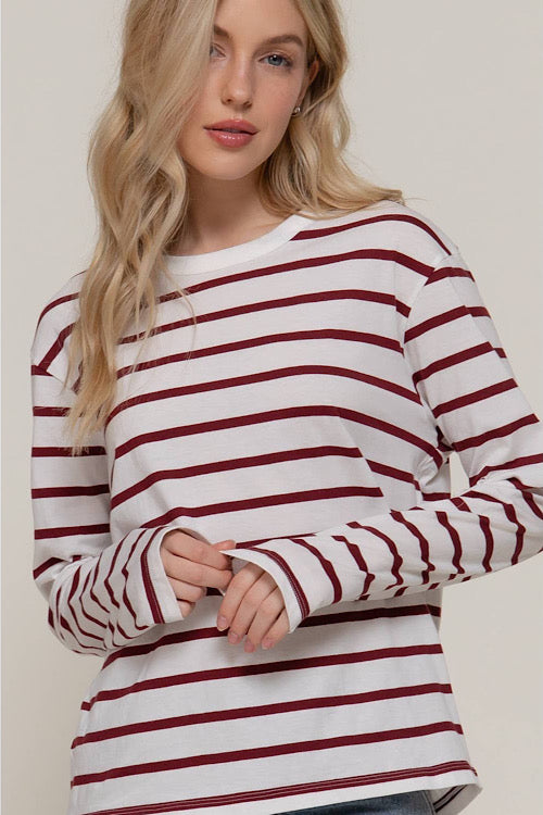Burgundy Stripe Long Sleeve Top sold by A Velvet Window