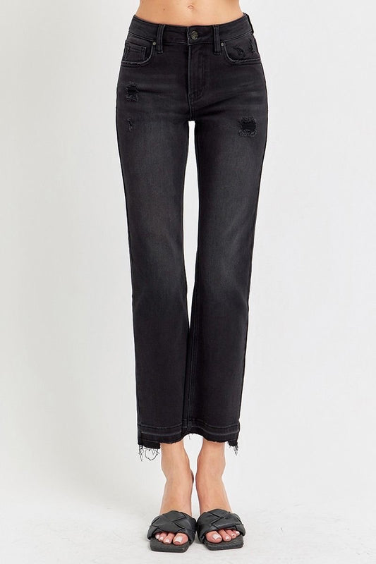 Risen Mid-Rise Ankle Straight Black Wash Jeans