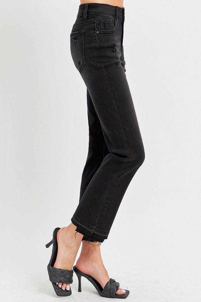 Risen Mid-Rise Ankle Straight Black Wash Jeans