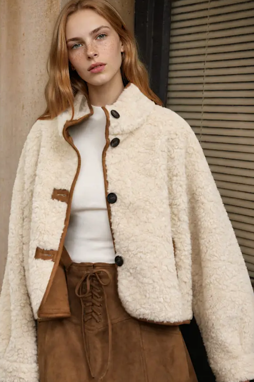 Mock Neck Sherpa Suede Trim Button Down Jacket - Ivory
