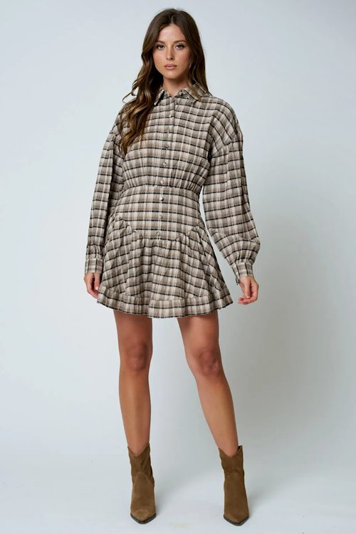 Plaid Collared Long Sleeve Basque Waist Mini Dress - Black