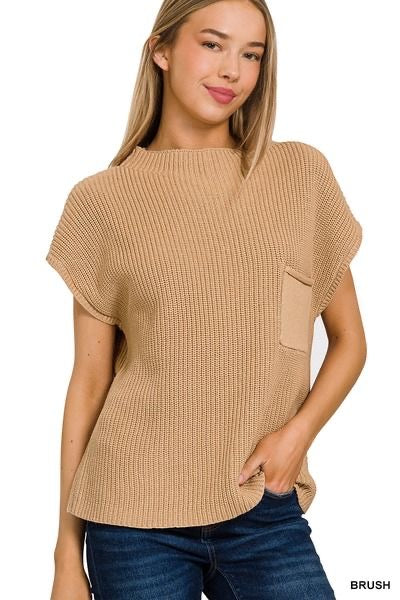 Long Style Mock Neck Short Sleeve Sweater