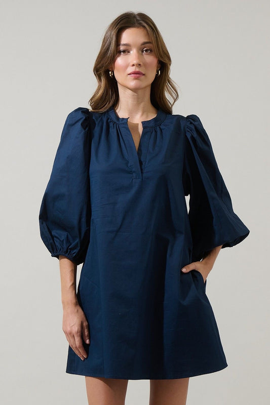 Navy Bubble Sleeve Shift Dress