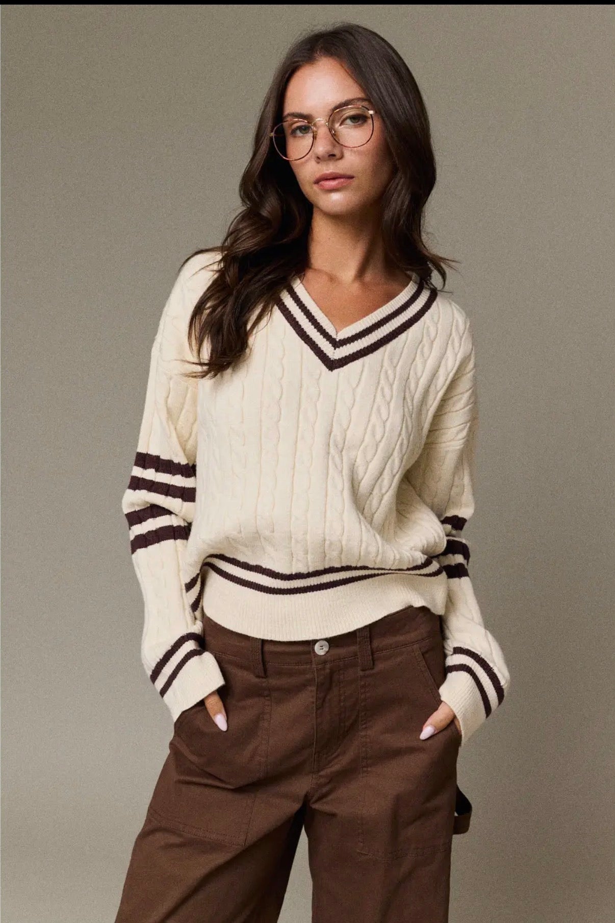 Cable Knit V-Neck Varsity Sweater