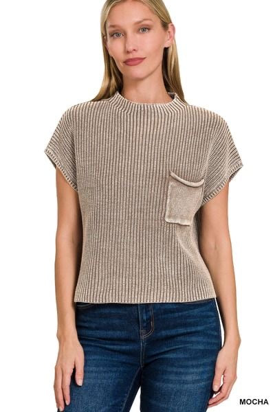 Washed Mock Neck Short Sleeve Sweater