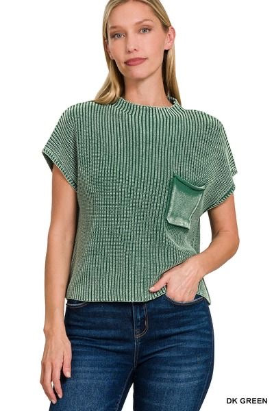 Washed Mock Neck Short Sleeve Sweater