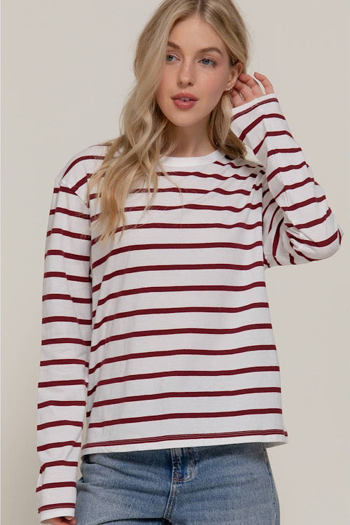 Burgundy Stripe Long Sleeve Top sold by A Velvet Window