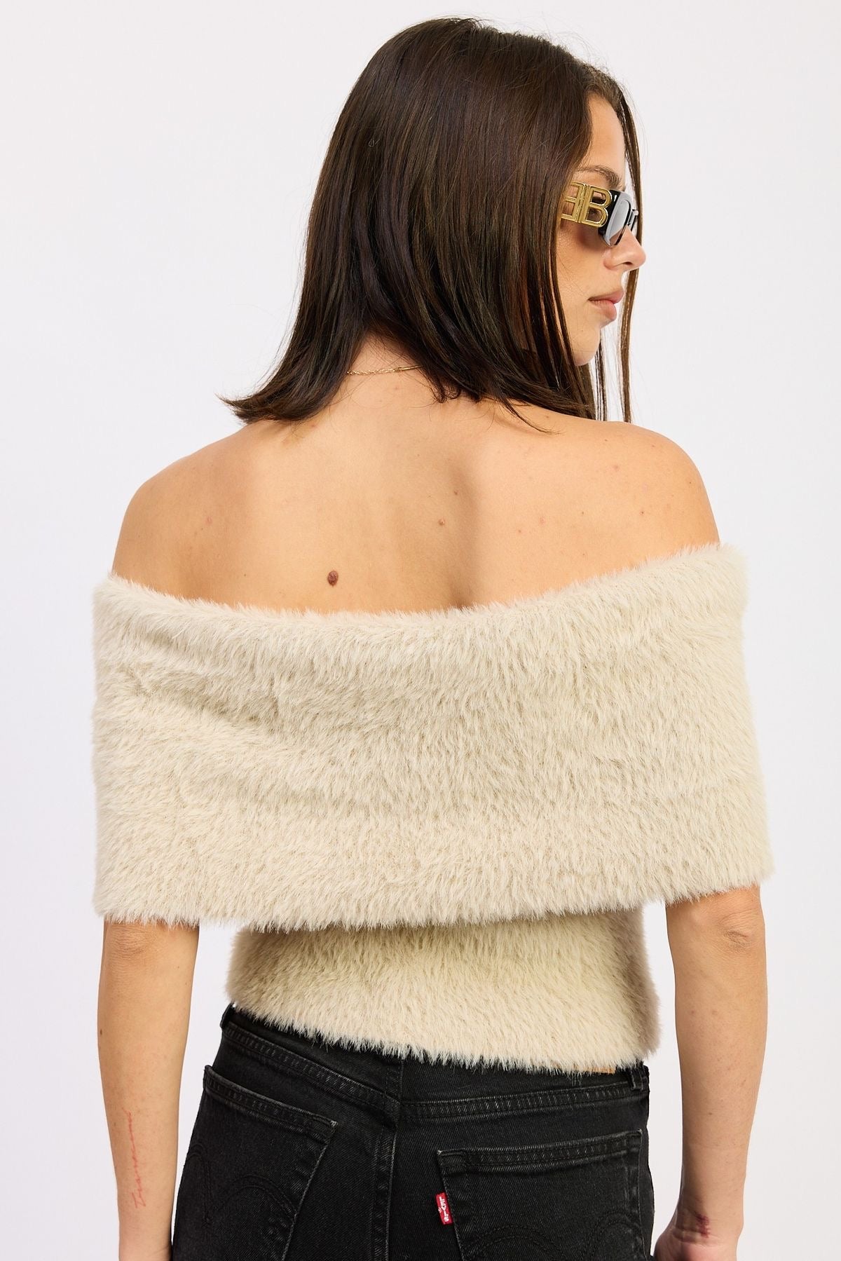 Cream Fuzzy Off The Shoulder Sweater sold by A Velvet Window